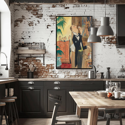 A vertical watercolor and ink illustration in the whimsical style of Ludwig Bemelmans. The scene depicts a butler in a black tuxedo tailcoat, yellow vest, and bow tie sneaking a drink from a glass behind a wall. His hand rests on a bottle of "Walker's De Luxe" whiskey on a bar cart. To his left, a wooden Chinoiserie folding screen separates him from a group of four men in suits talking at a party. A potted palm tree and a blue dragon vase sit in the foreground