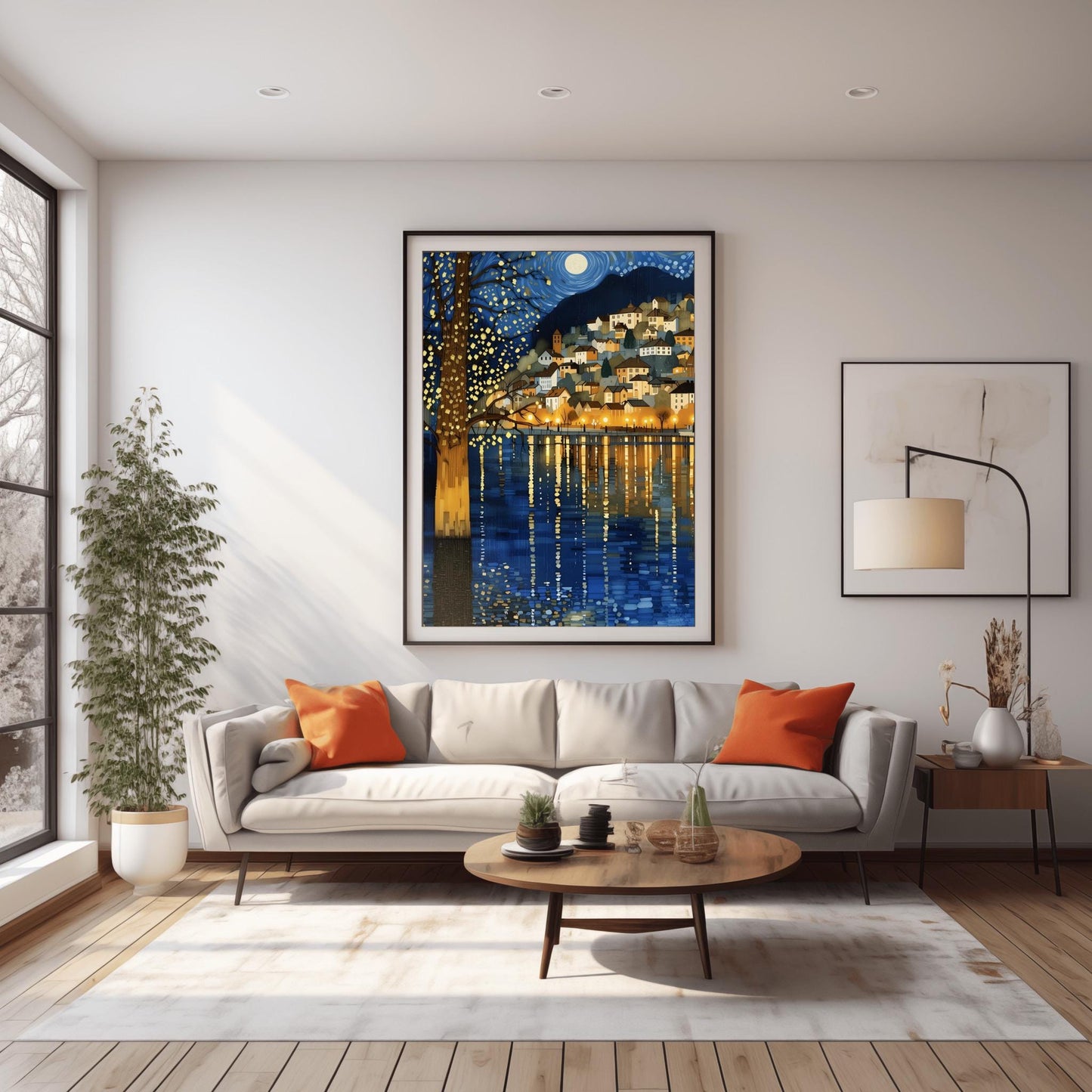 A vertical fine art painting in the style of Gustav Klimt. A coastal village with warm-lit houses is nestled on a hillside at night. A large, shimmering tree with gold-textured bark stands in the left foreground. Above, a full moon sits within a swirling blue sky of mosaic stars. The water in the foreground features long, vertical golden reflections of the village lights.
