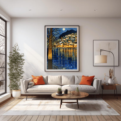 A vertical fine art painting in the style of Gustav Klimt. A coastal village with warm-lit houses is nestled on a hillside at night. A large, shimmering tree with gold-textured bark stands in the left foreground. Above, a full moon sits within a swirling blue sky of mosaic stars. The water in the foreground features long, vertical golden reflections of the village lights.