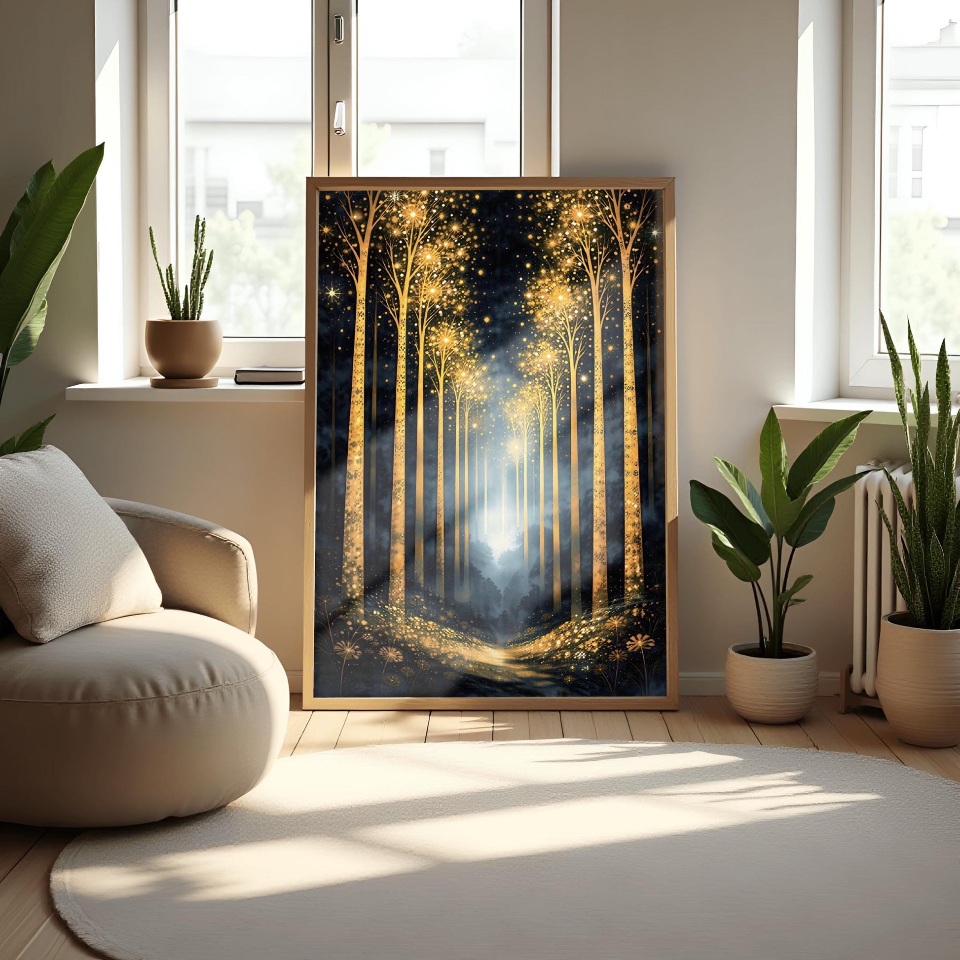 A vertical full-bleed illustration of a birch forest at night in the style of Gustav Klimt. The slender trunks are covered in golden patterns, and the tops of the trees explode into golden sparks and stars. A glowing golden path leads into a misty blue distance.