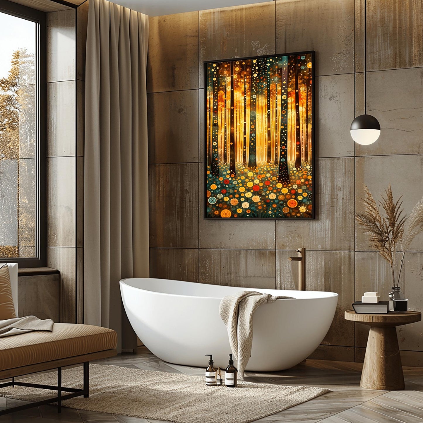 A vertical fine art print in the style of Gustav Klimt. Dark, slender tree trunks are decorated with various golden and colorful concentric circles. The forest floor is covered in similar circular floral patterns. A bright, warm golden light glows from the background, creating a high-contrast, ornate night forest scene.
