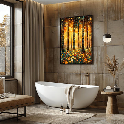 A vertical fine art print in the style of Gustav Klimt. Dark, slender tree trunks are decorated with various golden and colorful concentric circles. The forest floor is covered in similar circular floral patterns. A bright, warm golden light glows from the background, creating a high-contrast, ornate night forest scene.