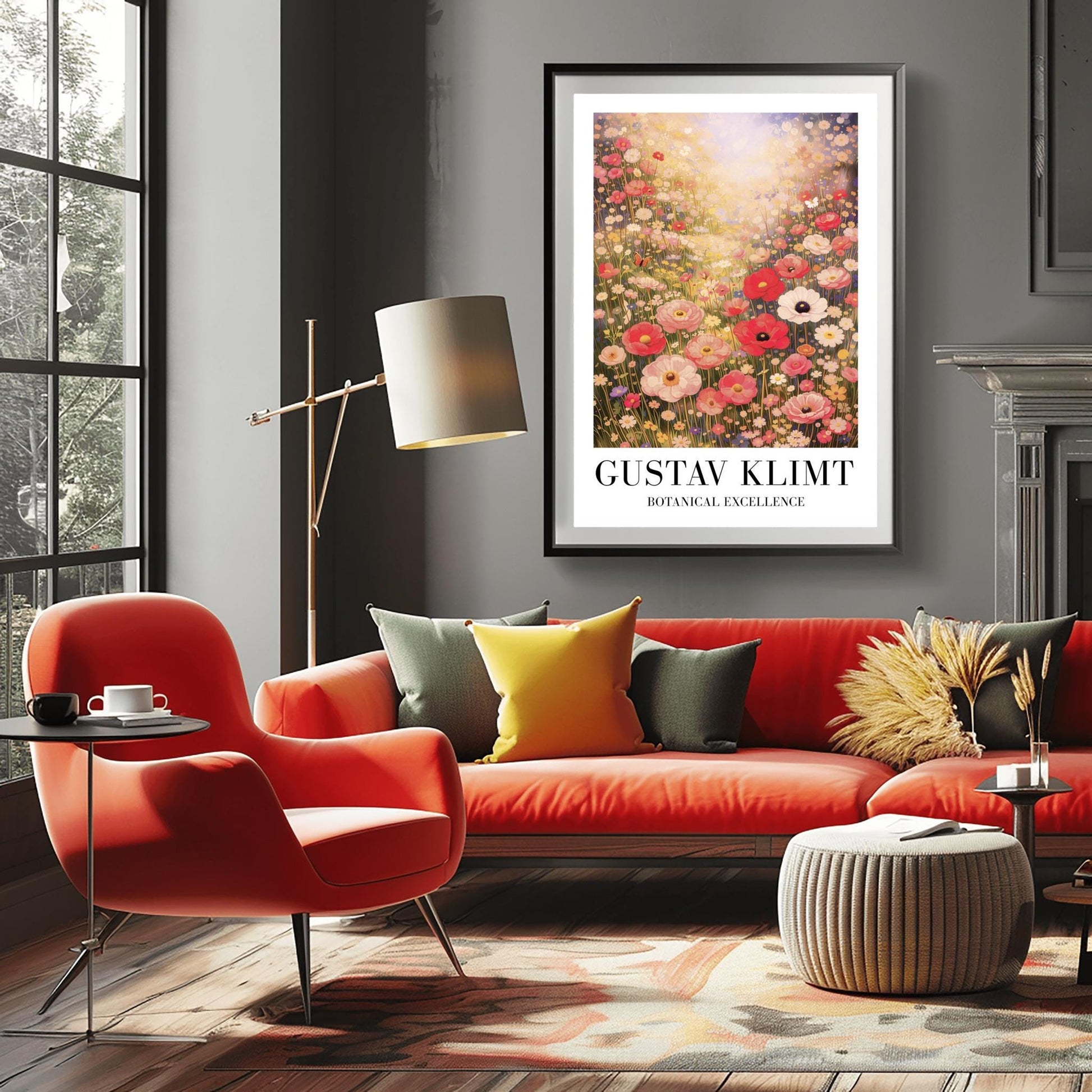 A vertical museum exhibition poster in the style of Gustav Klimt. A vast meadow of pink, red, and white wildflowers is bathed in bright, hazy sunlight from above. Large poppies are in the foreground, with a small butterfly on the left. Below the image, bold black text reads "GUSTAV KLIMT" and "BOTANICAL EXCELLENCE" on a white border.