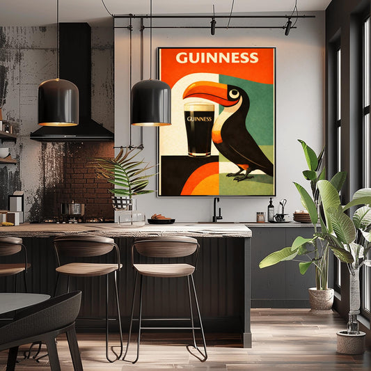 A vertical minimalist poster for Guinness in a mid-century modern style. A stylized, geometric toucan stands next to a pint of beer. The background is made of large blocks of orange, teal, and black. Bold white text at the top reads "GUINNESS."