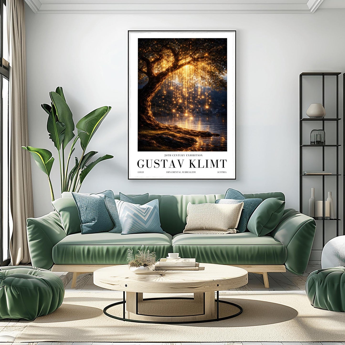 A vertical full-bleed illustration of a weeping willow tree at night in the style of Gustav Klimt. The branches hang down like strings of golden lights over a dark lake. The water reflects the golden glow, and the tree stands on a mossy bank against a dark forest background.