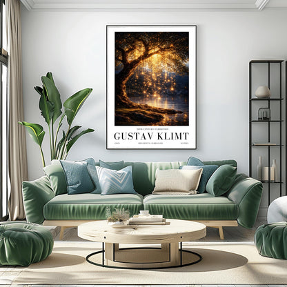A vertical full-bleed illustration of a weeping willow tree at night in the style of Gustav Klimt. The branches hang down like strings of golden lights over a dark lake. The water reflects the golden glow, and the tree stands on a mossy bank against a dark forest background.