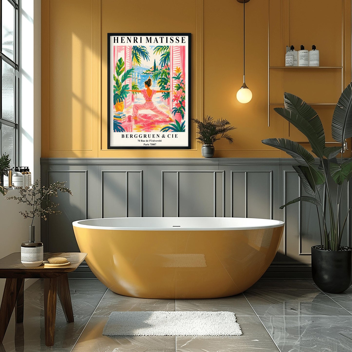 A vertical museum-style exhibition poster with a cream border featuring text for an Henri Matisse exhibition at Berggruen & Cie in Paris,. The colorful central illustration depicts a woman from behind practicing a yoga pose on a pink mat on a terrace. She is framed by open pink shutters and lush green potted plants. Through the open doors is a scenic view of a bright blue sea with sailboats, a coastal hill town, and green palm trees under a sunny sky.