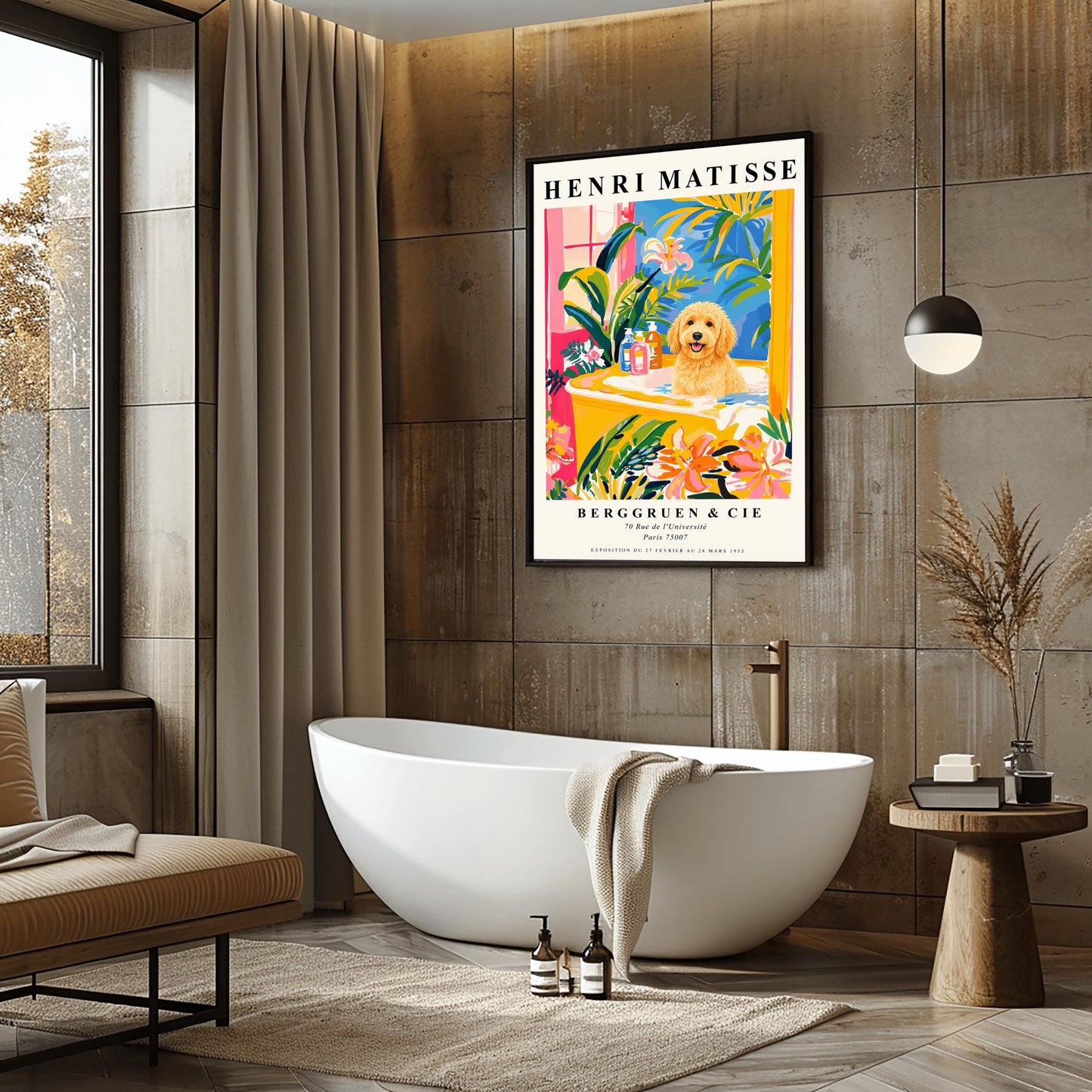 A vertical minimalist fine art exhibition poster in the style of Henri Matisse, shown framed on a wall above a luxury white bathtub. The poster has a wide white border with bold black text reading "HENRI MATISSE" and "BERGGRUEN & CIE". In the center painting, a fluffy golden doodle dog sits happily inside a yellow bathtub surrounded by vibrant pink, blue, and green tropical plants and orange flowers.