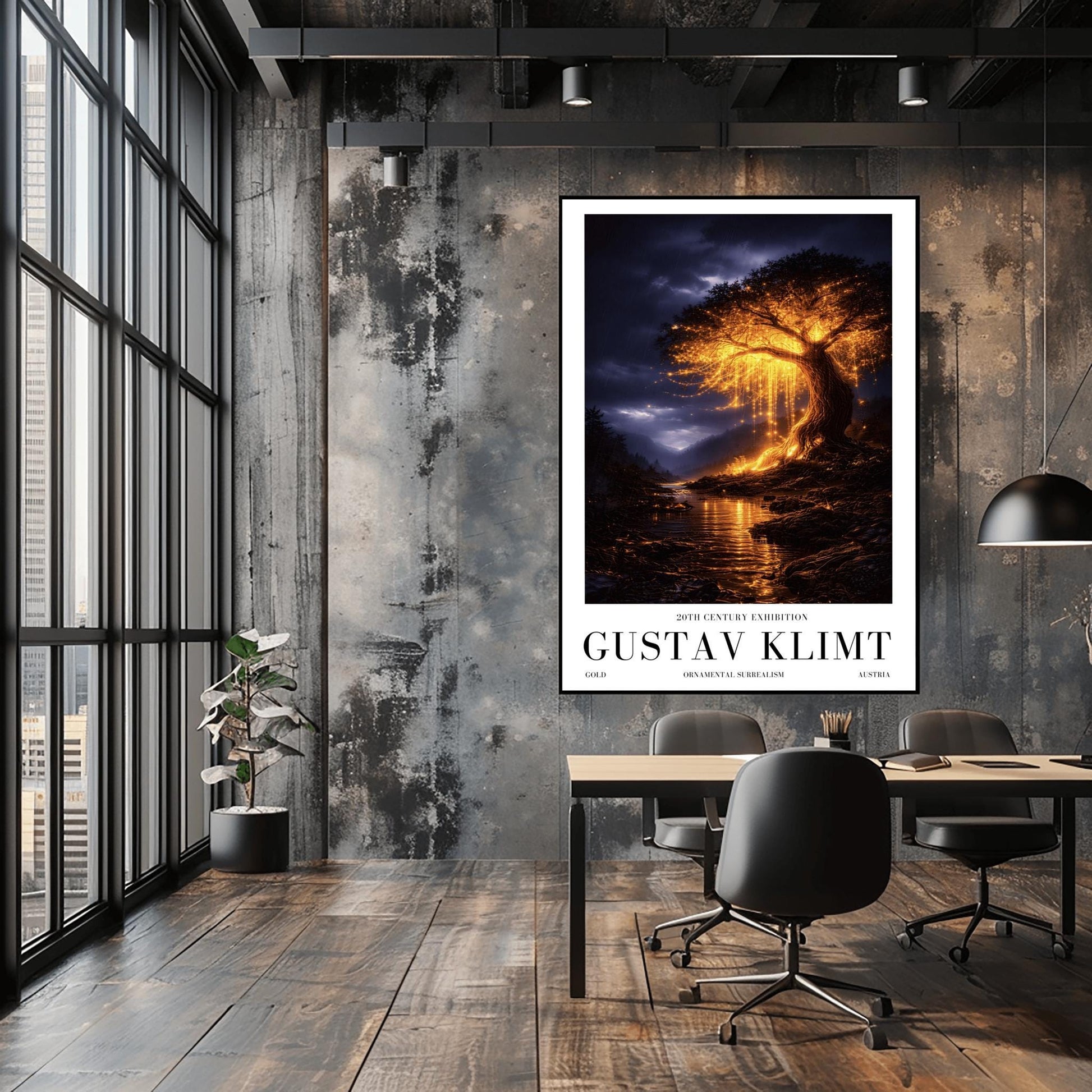 A vertical full-bleed illustration of a large weeping willow tree glowing with golden light in a stormy mountain valley. The tree stands by a dark river reflecting its gold light. The background features dark, rainy mountains and a moody indigo sky in the style of Gustav Klimt.