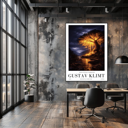 A vertical full-bleed illustration of a large weeping willow tree glowing with golden light in a stormy mountain valley. The tree stands by a dark river reflecting its gold light. The background features dark, rainy mountains and a moody indigo sky in the style of Gustav Klimt.