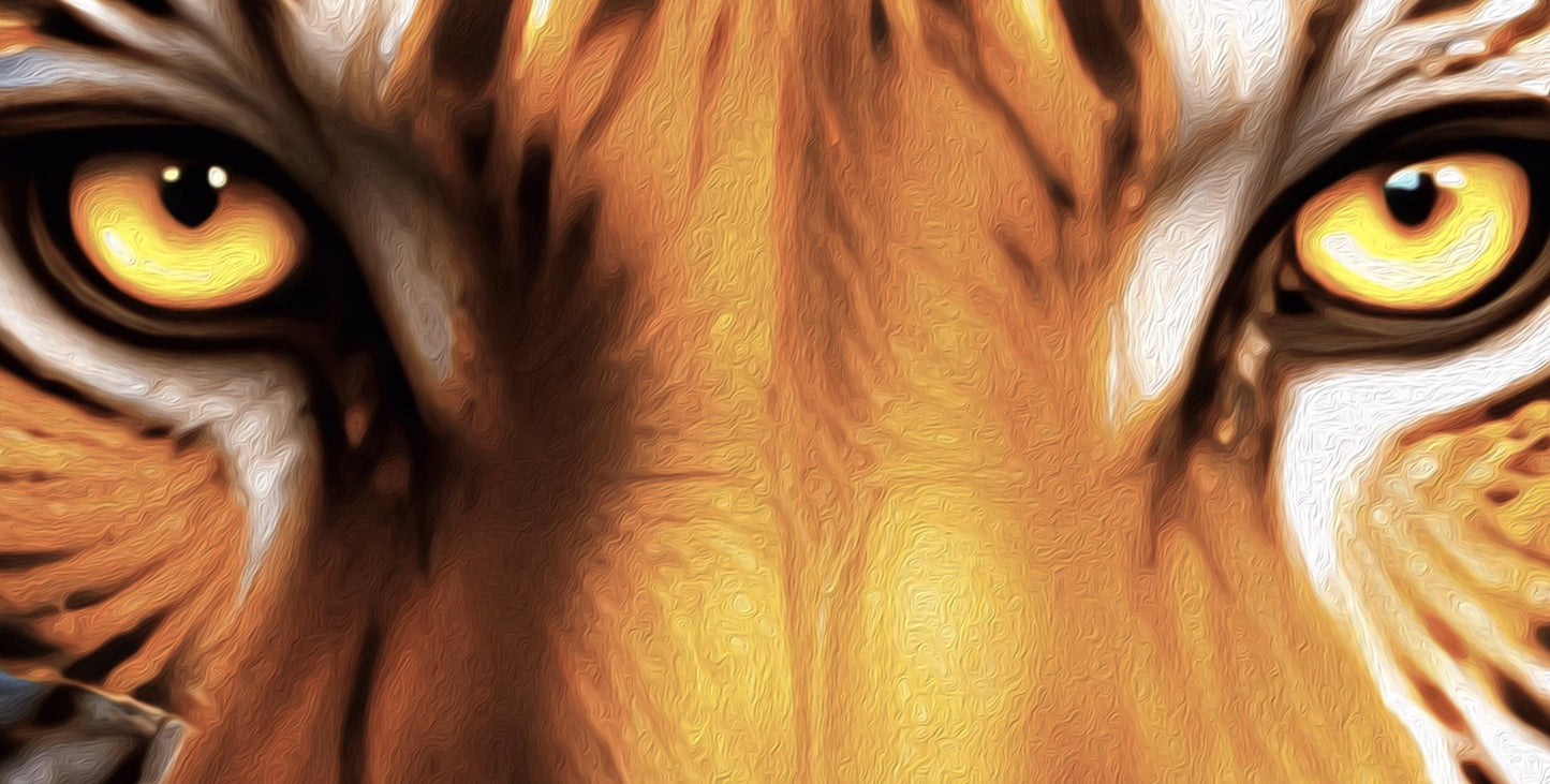 A vertical full-bleed illustration of a tiger in the style of Gustav Klimt. The tiger is prowling forward toward the viewer, its body covered in golden mosaic patterns and glowing orange light. The background is a swirl of amber sparks and gold-leaf textures.
