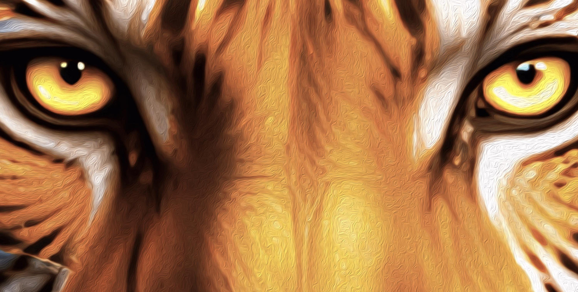 A vertical full-bleed illustration of a tiger in the style of Gustav Klimt. The tiger is prowling forward toward the viewer, its body covered in golden mosaic patterns and glowing orange light. The background is a swirl of amber sparks and gold-leaf textures.