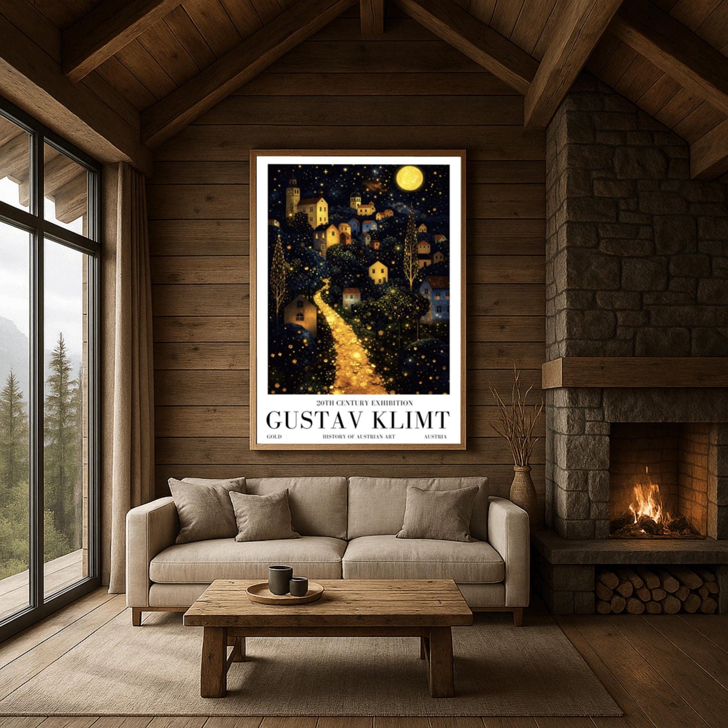 A vertical fine art landscape in the style of Gustav Klimt. A brilliant, glowing golden path winds up a dark hillside toward a village with lit windows. The deep blue night sky is filled with many stars and a large, textured golden moon. The trees are decorated with small, shimmering golden dots.