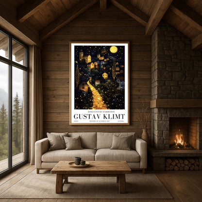 A vertical fine art landscape in the style of Gustav Klimt. A brilliant, glowing golden path winds up a dark hillside toward a village with lit windows. The deep blue night sky is filled with many stars and a large, textured golden moon. The trees are decorated with small, shimmering golden dots.