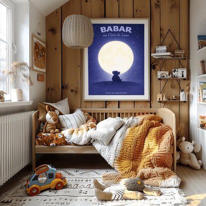 A vertical children's illustration poster titled "BABAR au Clair de Lune" in light blue. The scene shows the dark silhouette of an elephant (Babar) wearing a crown, sitting on a dark hill. A large, bright white full moon is centered behind him. The sky is a deep indigo blue filled with many small, twinkling white stars. The name "JEAN DE BRUNHOFF" is at the bottom.