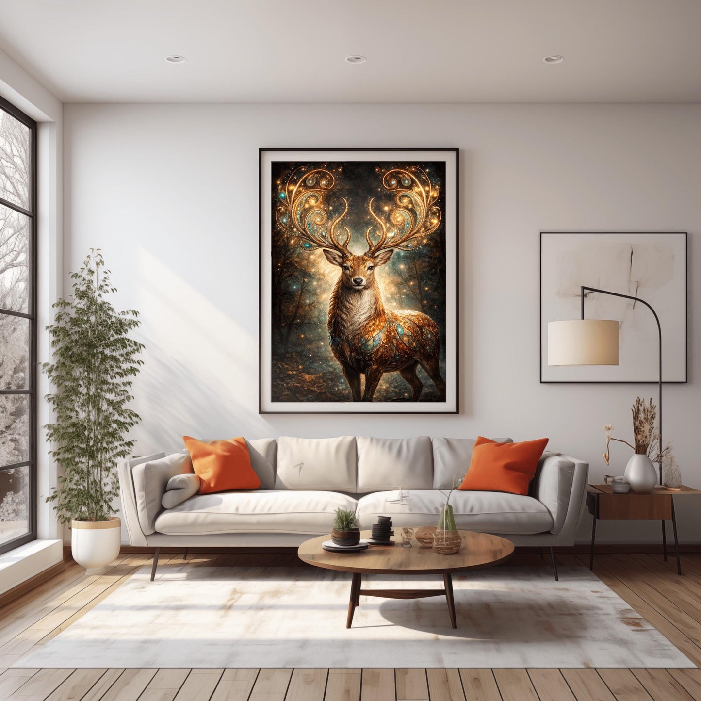 A vertical full-bleed illustration of a stag in the style of Gustav Klimt. The stag has massive, swirling golden antlers decorated with glowing gems. Its body is a mosaic of gold and turquoise. It stands in a misty, dark forest filled with golden sparks and floating embers.