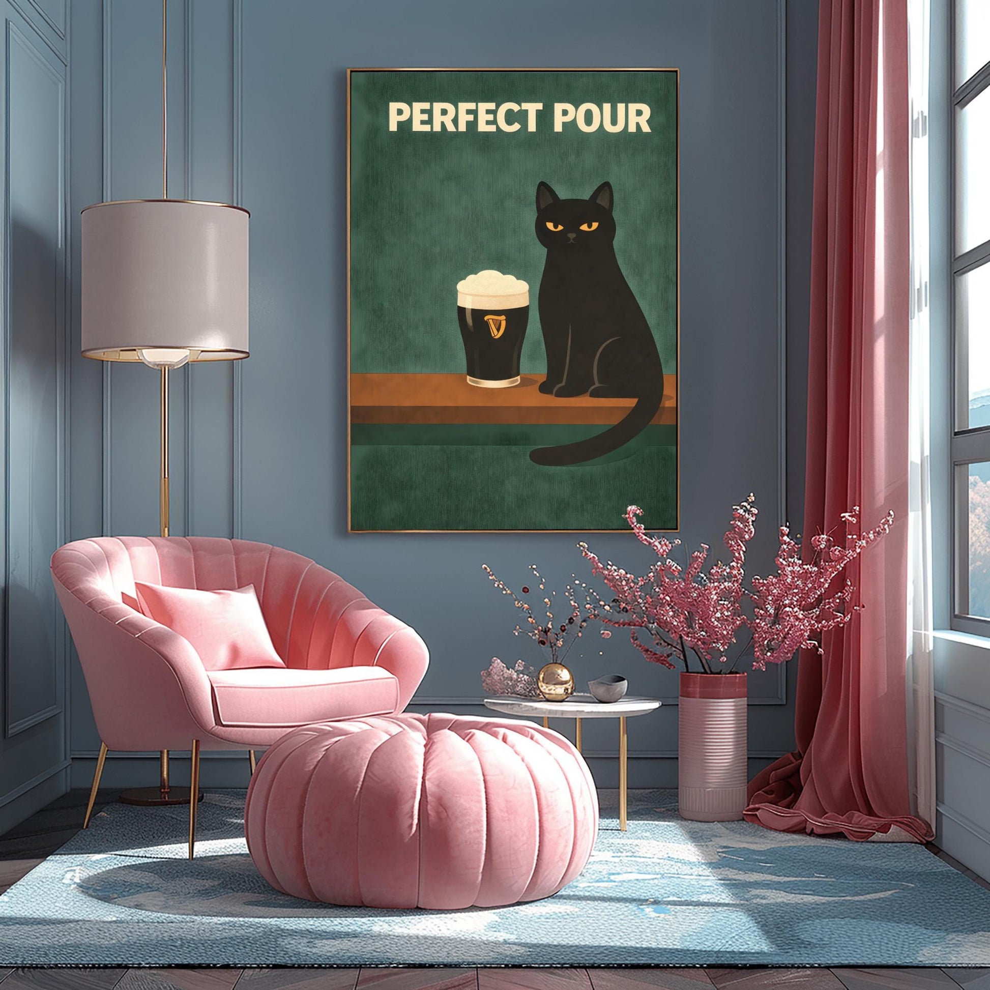A vertical modern illustration of a sleek black cat with yellow eyes sitting on a wooden bar ledge next to a pint of Guinness. The text "PERFECT POUR" is written in bold cream letters at the top. The background is a dark, textured teal-green.