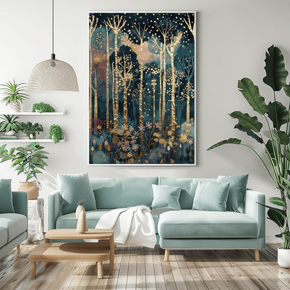A vertical fine art painting in the style of Gustav Klimt. Tall, slender birch trees with heavy gold-leaf textures and dark geometric patterns rise against a dark teal and navy midnight sky. The sky is filled with floating golden orbs and stardust. At the bottom, a delicate layer of pink and blue stylized flowers grows among the roots. The overall mood is quiet, luxurious, and magical.