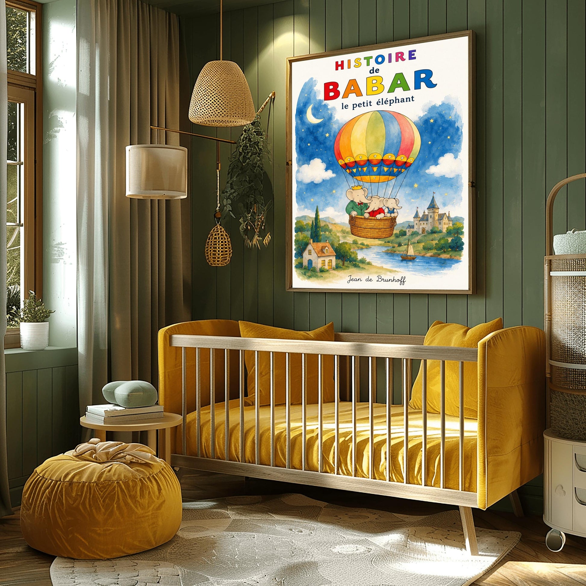 A vertical retro fine art exhibition poster titled "HISTOIRE de BABAR le petit éléphant" with a wide cream border. The illustration features a colorful hot air balloon carrying three elephants—one with a crown—floating in a sky that is half daytime blue and half starry dark blue with a crescent moon. Below them is a watercolor landscape of a river with a sailboat, a cottage, and a turleted castle. The signature "Jean de Brunhoff" anchors the bottom.