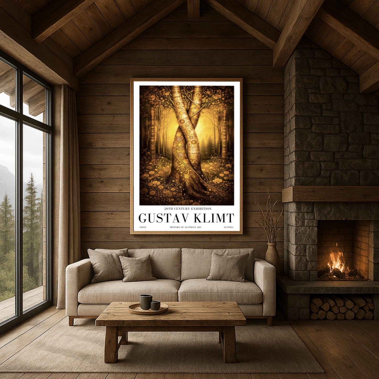 A vertical exhibition poster for Gustav Klimt. Two large tree trunks with golden mosaic patterns are entwined and twisted together in the center of a sunlit forest. The background is a soft amber glow, and the foreground features detailed golden flowers. White border with black text at the bottom.