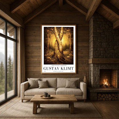 A vertical exhibition poster for Gustav Klimt. Two large tree trunks with golden mosaic patterns are entwined and twisted together in the center of a sunlit forest. The background is a soft amber glow, and the foreground features detailed golden flowers. White border with black text at the bottom.