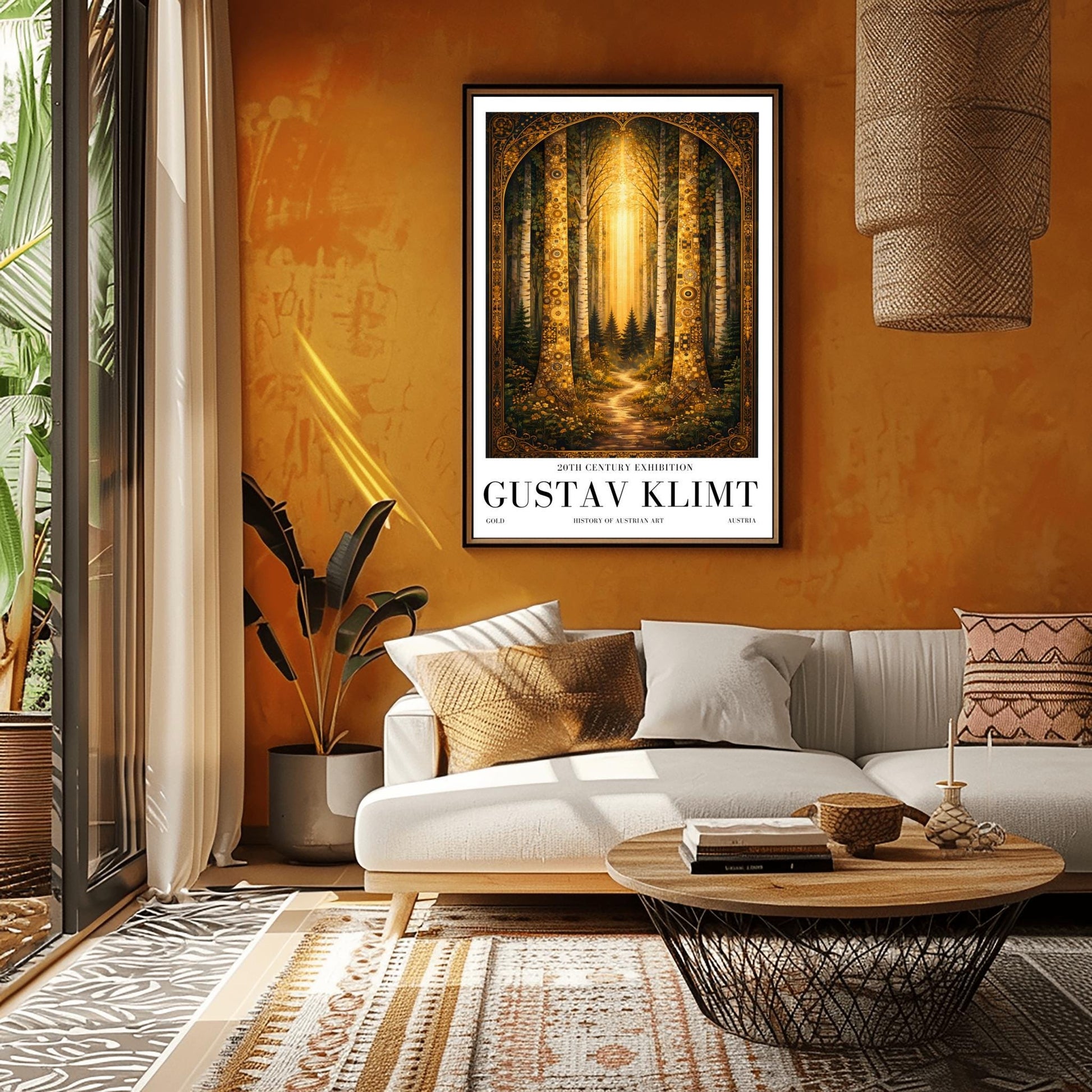 A vertical exhibition poster for Gustav Klimt. Two tall birch trees with golden mosaic bark frame a view of a dark forest path illuminated by a bright vertical beam of sunlight. The artwork has an ornate gold border and clean white margins with text at the bottom.