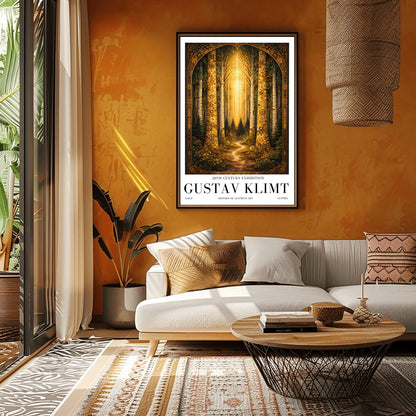 A vertical exhibition poster for Gustav Klimt. Two tall birch trees with golden mosaic bark frame a view of a dark forest path illuminated by a bright vertical beam of sunlight. The artwork has an ornate gold border and clean white margins with text at the bottom.