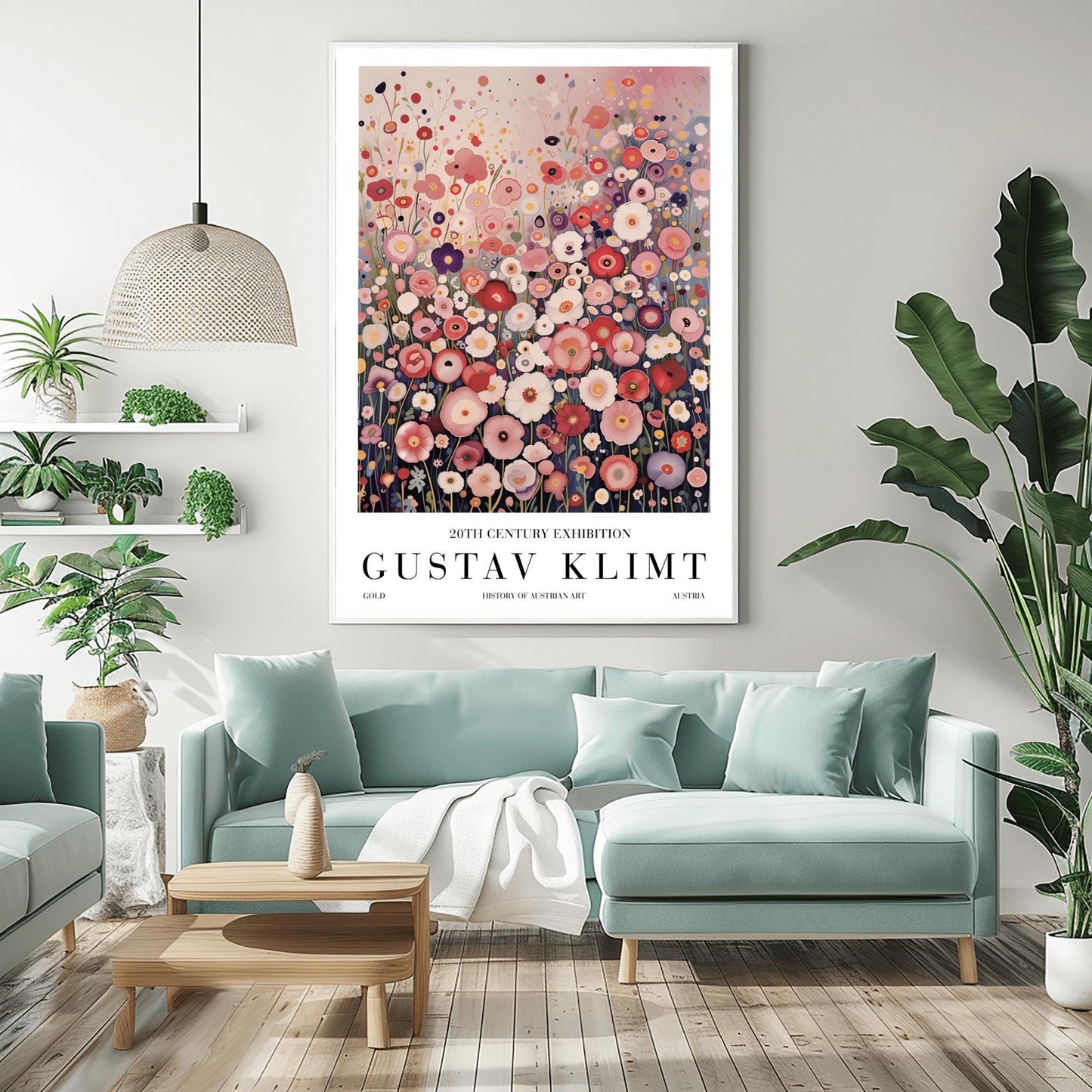 A vertical fine art painting in the style of Gustav Klimt. A dense field of stylized, circular wildflowers in shades of pink, rose, peach, and white fills the bottom two-thirds of the canvas. The background is a misty, textured gradient of soft pink and grey. The style is highly decorative with mosaic-like floral patterns and subtle golden highlights.