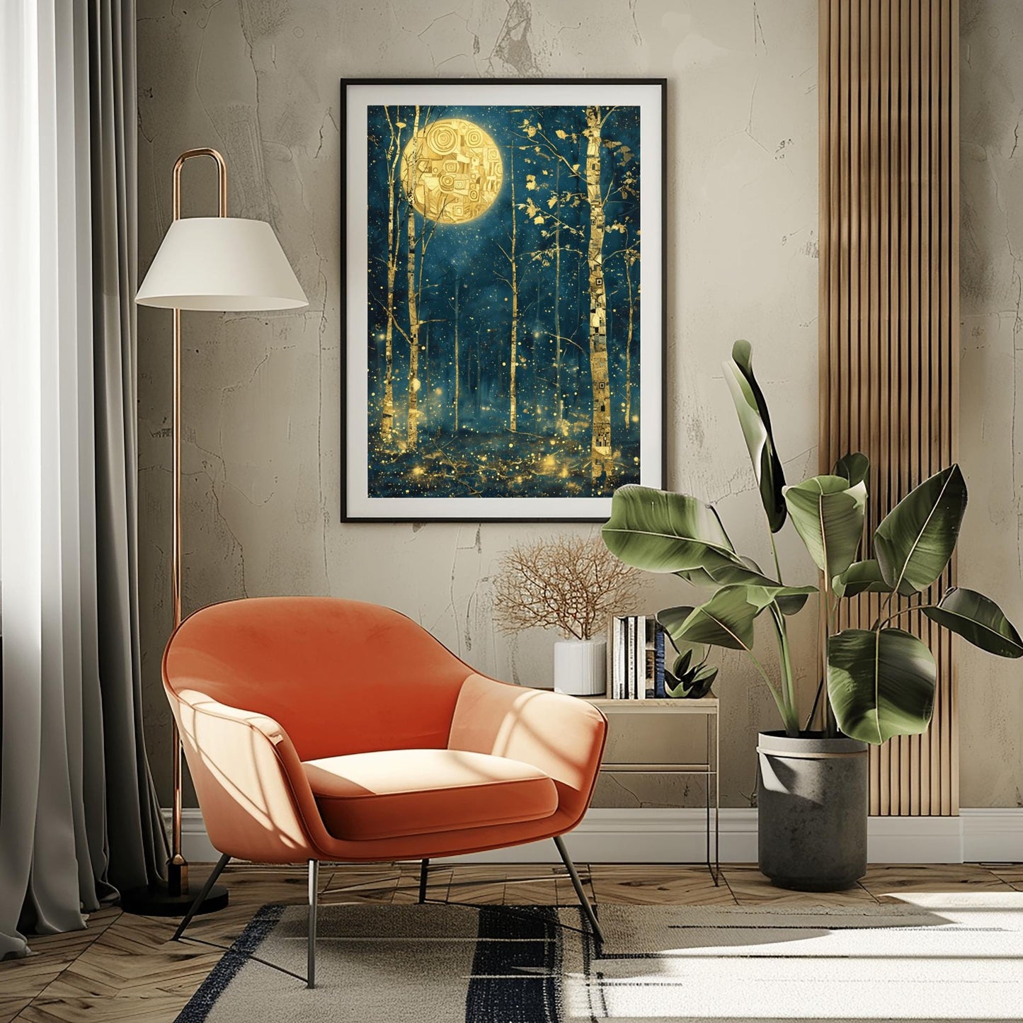 A vertical painting in the style of Gustav Klimt. Slender birch trees with gold-leaf bark and black geometric patterns stand in a dark navy forest at night. A large, bright gold moon with mosaic spirals hangs in the sky. The air is filled with glowing golden dots and fireflies. The overall style is rich in texture and golden ornamentation against a deep blue background.