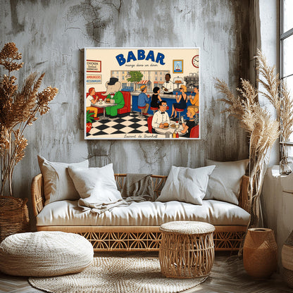 A colorful 1950s-style illustration poster titled "BABAR mange dans un diner" in bold blue and black lettering. The scene shows the interior of a lively retro diner with a black-and-white checkered floor. On the left, the cartoon elephant King Babar sits in a red leather booth wearing a green suit and top hat while eating a burger. Patrons sit at a long blue counter on stools and around tables eating burgers and sundaes, while a waiter takes orders.