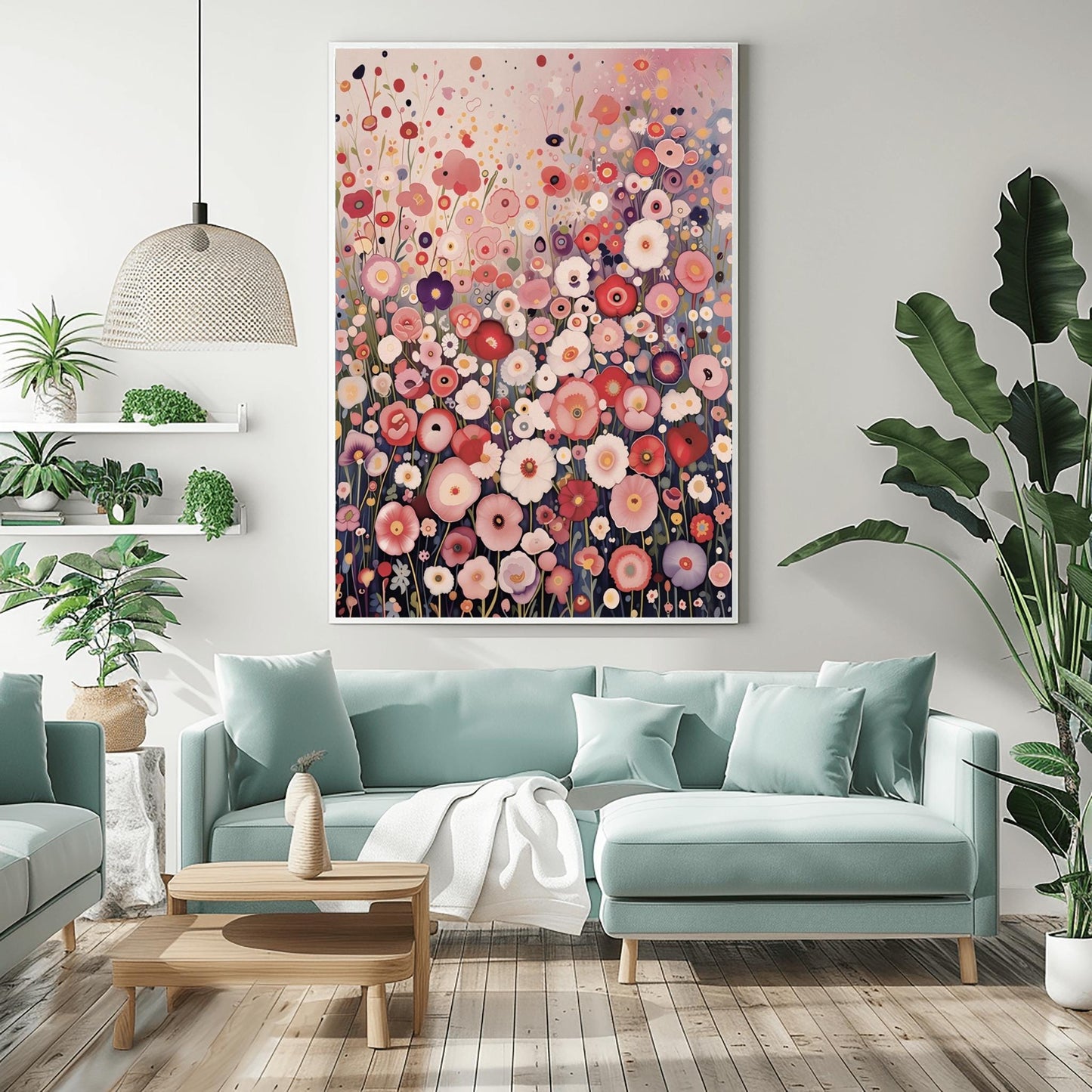 Pastel Meadow Art Print: Soft Floral Painting Inspired by Klimt