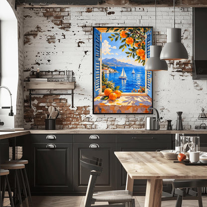 Matisse Coastal Print – Mediterranean Art Print with Blue Shutters & Oranges