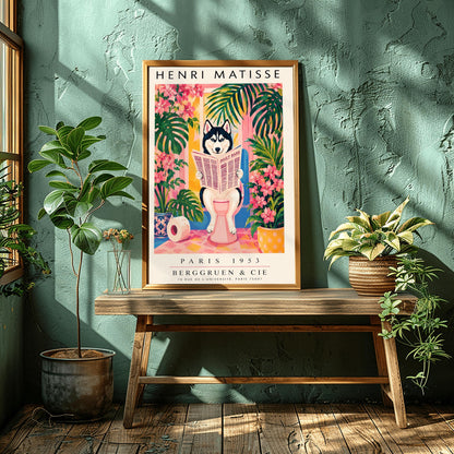 A vertical vintage-style art exhibition poster titled "HENRI MATISSE" at the top and "PARIS 1953 BERGGRUEN & CIE" at the bottom,. The center illustration shows a black-and-white Siberian Husky with blue eyes sitting on a pink toilet in a bright pink and yellow bathroom, reading a newspaper titled "DAILY BARK". The scene is framed by large green tropical leaves, bright pink flowers, a blue-and-white patterned planter, and a roll of toilet paper on the floor.