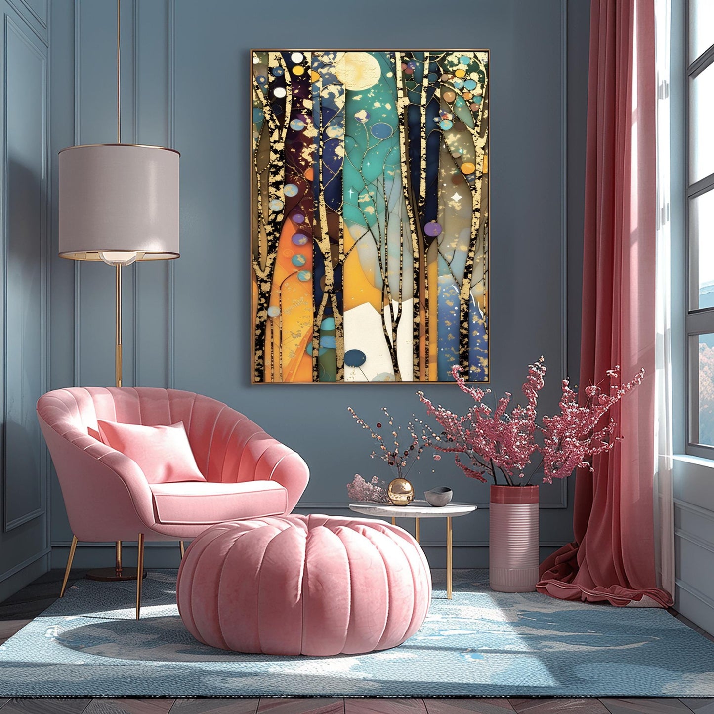 A vertical abstract painting in the style of Gustav Klimt. Tall, slender tree trunks with heavy gold-leaf textures and dark patterns rise vertically across the canvas. The background consists of vertical panels of teal, navy, and amber, resembling stained glass. Small golden orbs and stars are scattered throughout the composition, creating a glowing, celestial atmosphere.