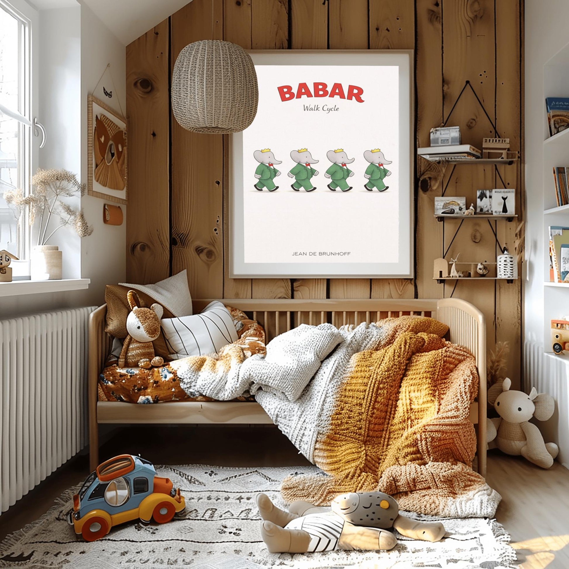 A vertical minimalist illustration poster titled "BABAR: Walk Cycle" in red and grey. The image features four identical figures of an elephant (Babar) in a green suit and crown, arranged in a horizontal line. Each figure is shown in a different stage of a walking stride, creating an animation sequence. The background is solid off-white. The name "JEAN DE BRUNHOFF" is at the bottom.