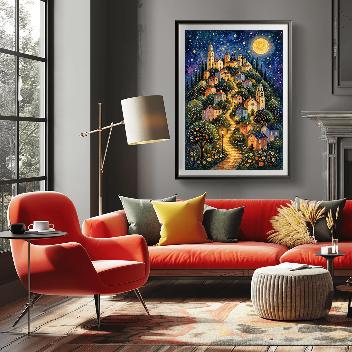 A vertical art print in a vibrant mosaic style. A winding, glowing stone path leads up a steep hill through a village of pastel-colored houses and tall, domed church towers. The scene is lit by warm streetlamps and a massive, golden full moon in a starry indigo sky. The foreground is filled with a dense field of small, colorful wildflowers, and the entire image is composed of shimmering, jewel-toned patterns.