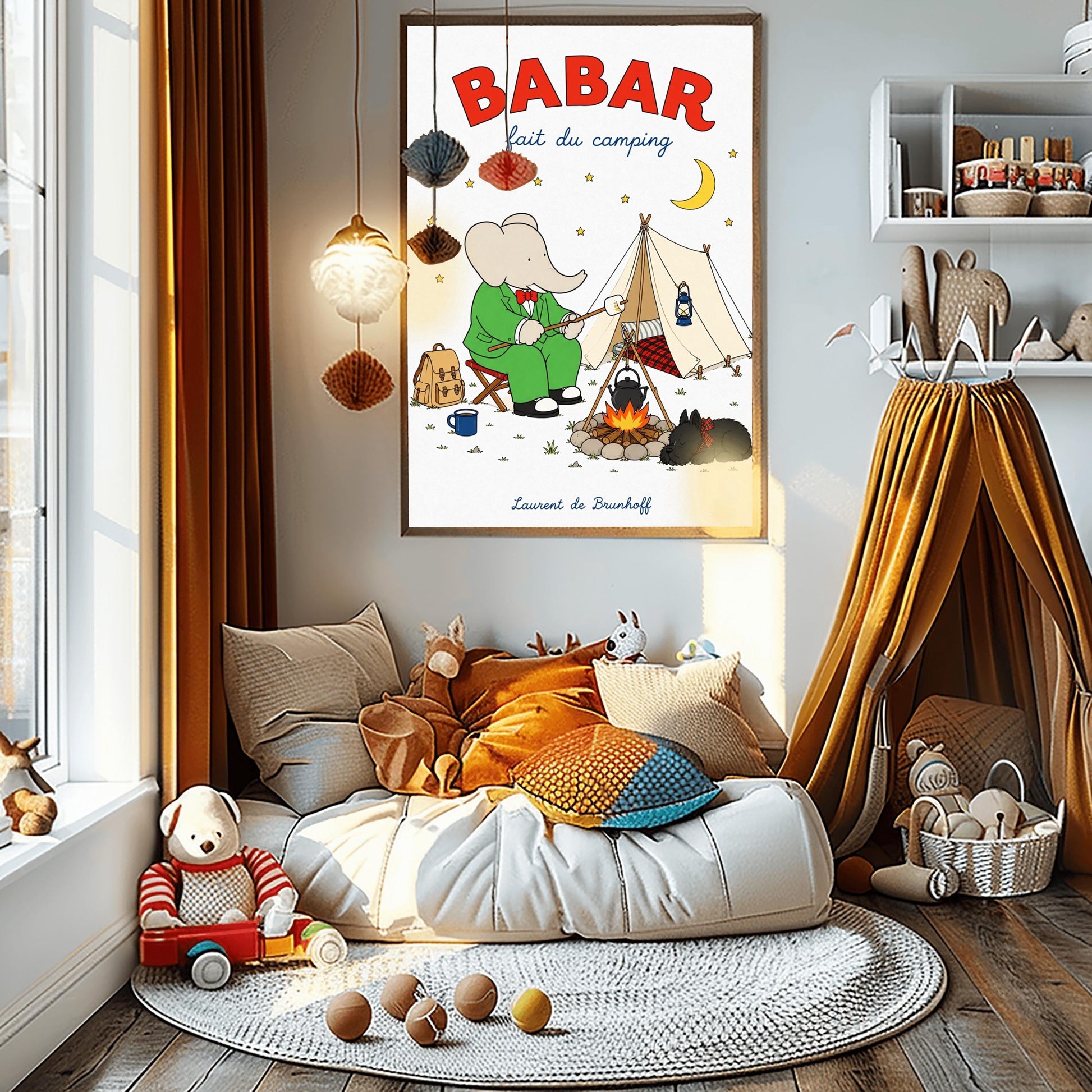 A vertical retro fine art exhibition poster titled "BABAR fait du camping" on a wide cream border. The top "BABAR" text is printed in a bold red font. The illustration shows an elephant in a green suit and red bowtie sitting on a stool by a campfire, toasting a marshmallow next to a white tent under a starry night sky with a yellow crescent moon. A small black dog in a plaid scarf sleeps nearby, and the name "Laurent de Brunhoff" anchors the bottom.