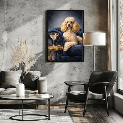 A vertical oil-style painting of a well-groomed white poodle sitting regally on a plush, dark blue velvet tufted armchair. To the left, a glass martini with two green olives on a toothpick sits on a round gold side table. The poodle has a calm, sophisticated expression. The background is a moody, dark grey-blue with visible painterly textures.