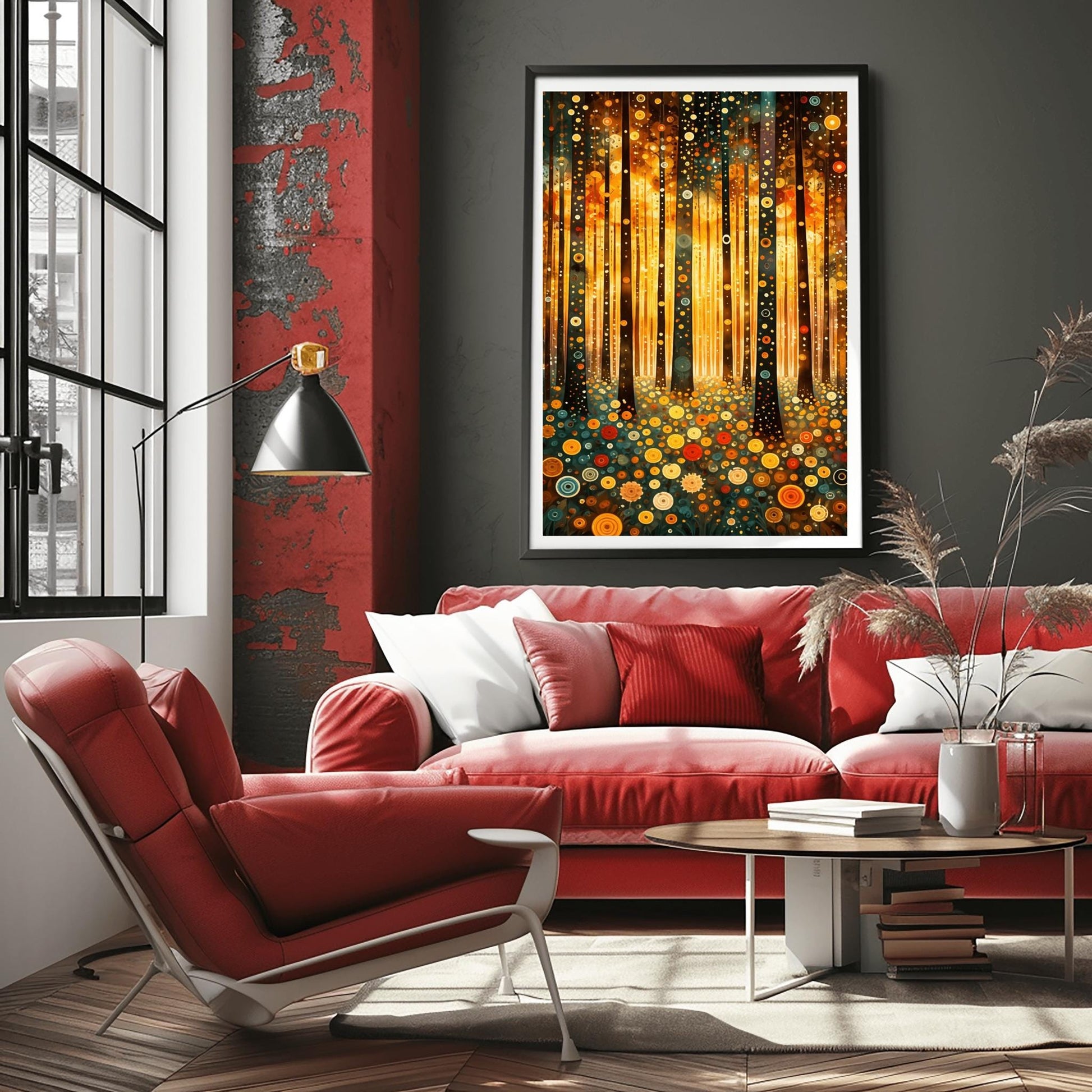 A vertical fine art print in the style of Gustav Klimt. Dark, slender tree trunks are decorated with various golden and colorful concentric circles. The forest floor is covered in similar circular floral patterns. A bright, warm golden light glows from the background, creating a high-contrast, ornate night forest scene.
