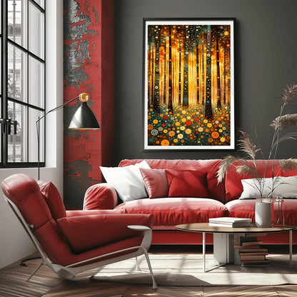 A vertical fine art print in the style of Gustav Klimt. Dark, slender tree trunks are decorated with various golden and colorful concentric circles. The forest floor is covered in similar circular floral patterns. A bright, warm golden light glows from the background, creating a high-contrast, ornate night forest scene.