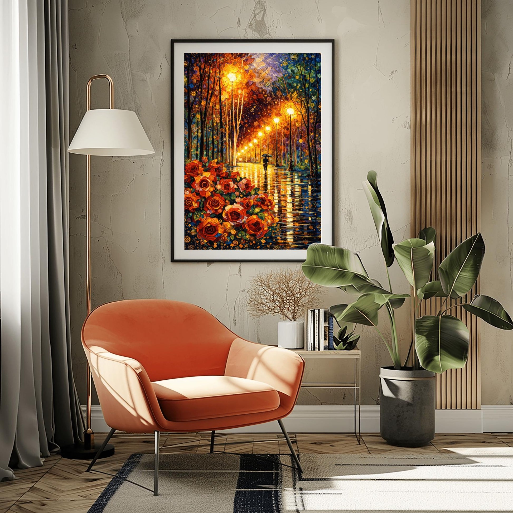 A vertical art print in the style of Gustav Klimt. In the bottom left, a large cluster of stylized red and orange roses with golden spiral centers is prominent. A rain-dampened path reflects the warm yellow light from a line of ornate street lamps. A small black silhouette of a person holding an umbrella walks down the path. The trees and sky are filled with decorative mosaics and swirls in blue, gold, and orange.