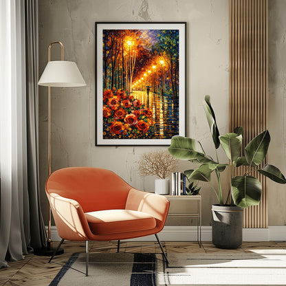 A vertical art print in the style of Gustav Klimt. In the bottom left, a large cluster of stylized red and orange roses with golden spiral centers is prominent. A rain-dampened path reflects the warm yellow light from a line of ornate street lamps. A small black silhouette of a person holding an umbrella walks down the path. The trees and sky are filled with decorative mosaics and swirls in blue, gold, and orange.
