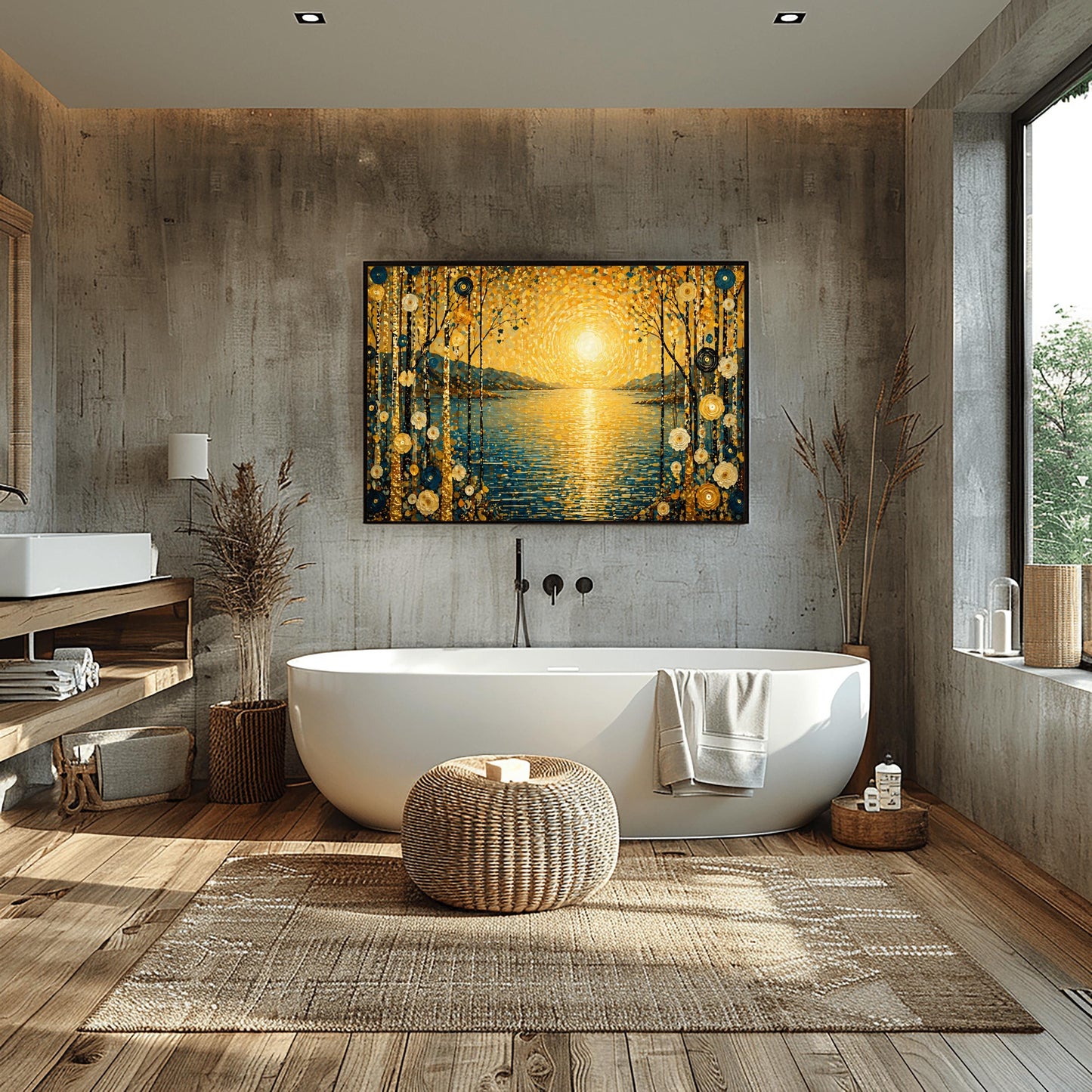 A horizontal art print in a decorative mosaic style inspired by Gustav Klimt. A large, radiant golden sun composed of shimmering circles hangs over a calm blue lake, with its light reflecting on the water's surface. The scene is framed on both sides by tall, thin birch trees decorated with stylized gold and cream flowers. Muted blue mountains are visible in the background under a sky filled with golden, dappled light patterns.