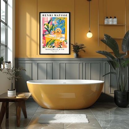 A vertical minimalist fine art exhibition poster in the style of Henri Matisse, shown framed on a wall above a luxury white bathtub. The poster has a wide white border with bold black text reading "HENRI MATISSE" and "BERGGRUEN & CIE". In the center painting, a fluffy golden doodle dog sits happily inside a yellow bathtub surrounded by vibrant pink, blue, and green tropical plants and orange flowers.