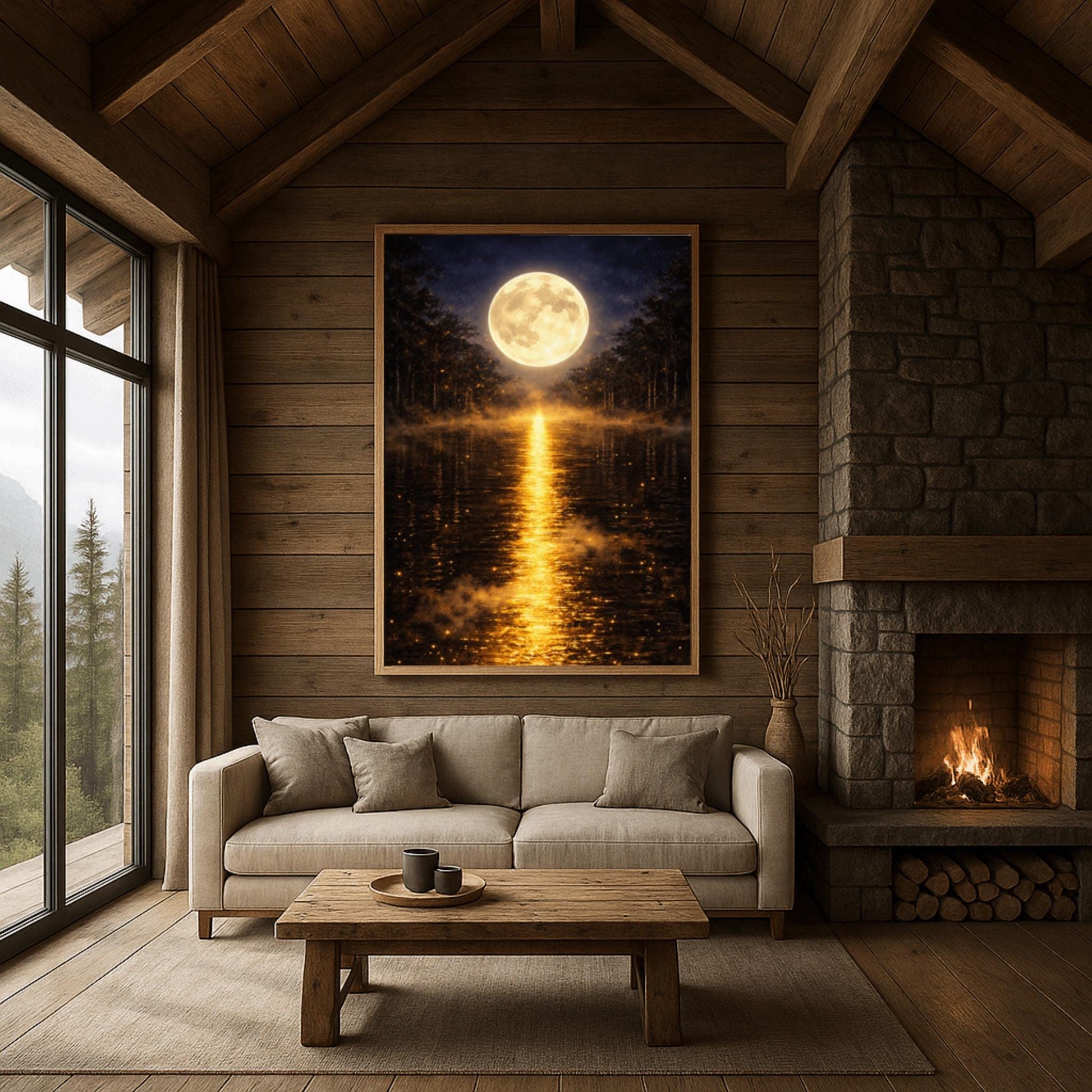 A vertical Art Nouveau-style illustration of a calm lake at night. A large, radiant golden moon is centered in the sky, reflecting a long, shimmering path of golden light vertically down the water. The shoreline is silhouetted by dark trees and a golden mist filled with fireflies.
