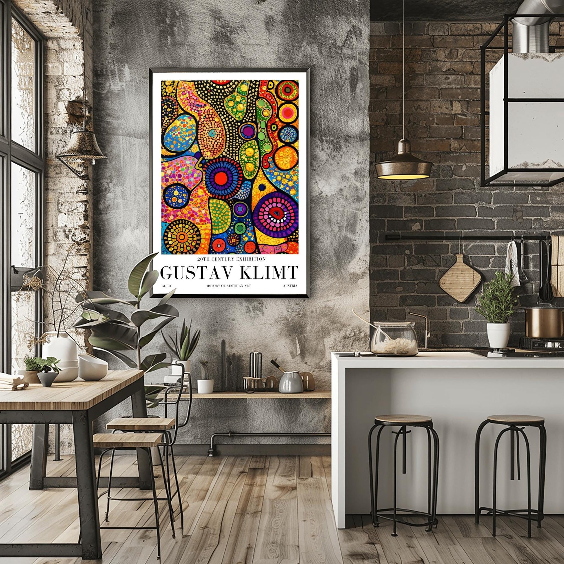 A vertical museum exhibition poster in the style of Gustav Klimt. Tall, dark tree trunks stand in a forest where the sky is made of colorful stained-glass mosaic circles. A bright sun in the center casts sharp, white sunbeams through the trees. Bold black text at the bottom reads "GUSTAV KLIMT" and "HISTORY OF AUSTRIAN ART."