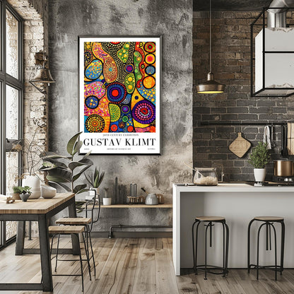 A vertical museum exhibition poster in the style of Gustav Klimt. Tall, dark tree trunks stand in a forest where the sky is made of colorful stained-glass mosaic circles. A bright sun in the center casts sharp, white sunbeams through the trees. Bold black text at the bottom reads "GUSTAV KLIMT" and "HISTORY OF AUSTRIAN ART."