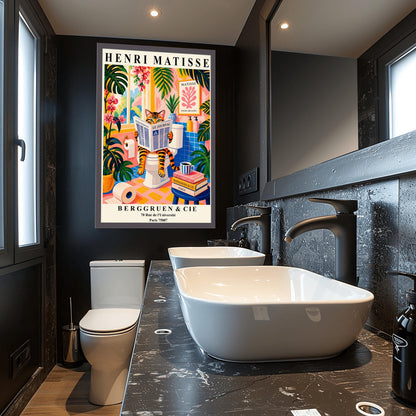 Tabby Cat on Toilet Art Print: Funny Matisse Style Bathroom Wall Art