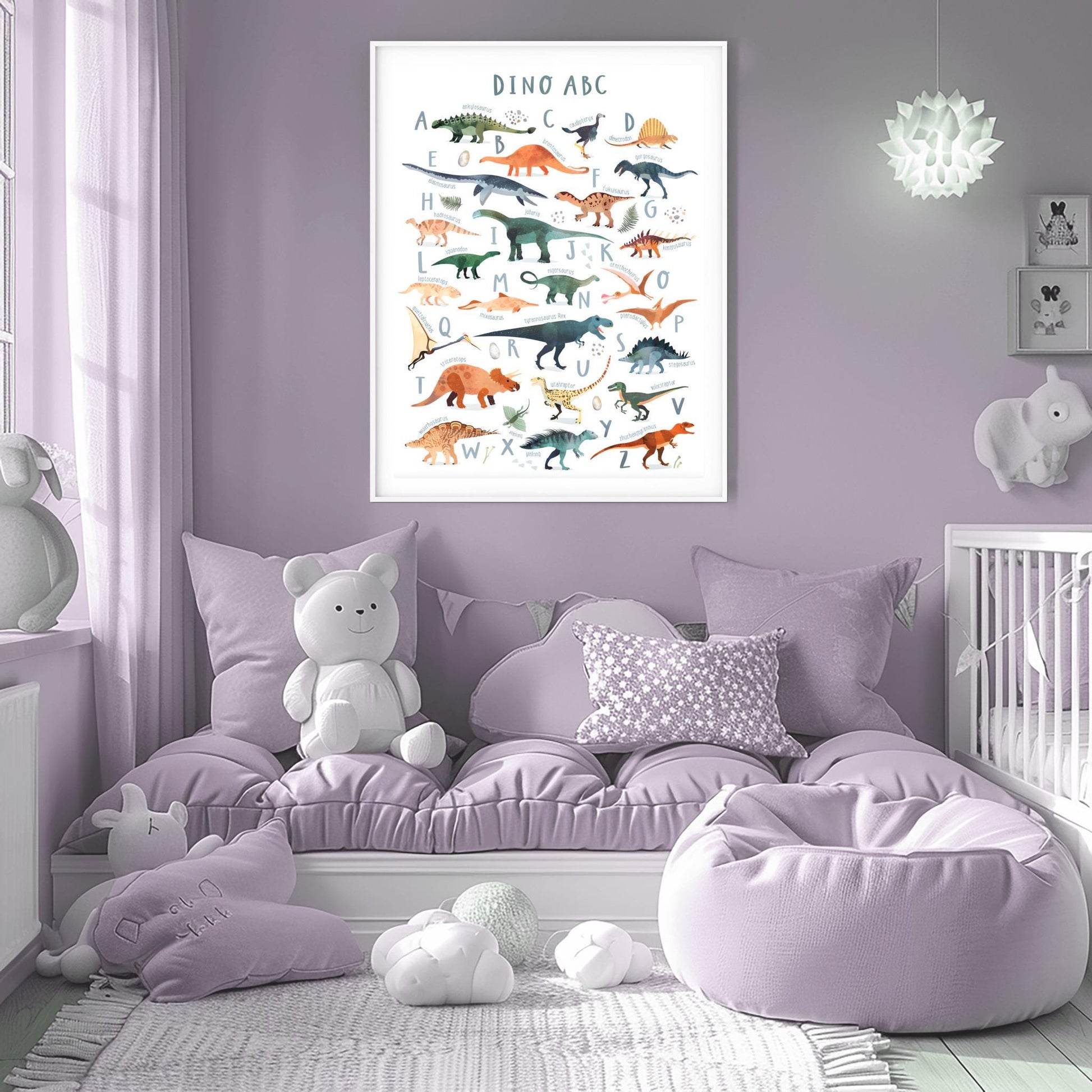 Educational dinosaur alphabet poster for kids featuring A–Z illustrated dinos with names, ideal for nursery or preschool wall decor.