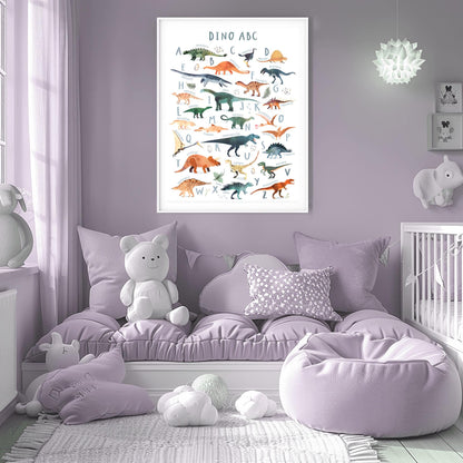 Educational dinosaur alphabet poster for kids featuring A–Z illustrated dinos with names, ideal for nursery or preschool wall decor.